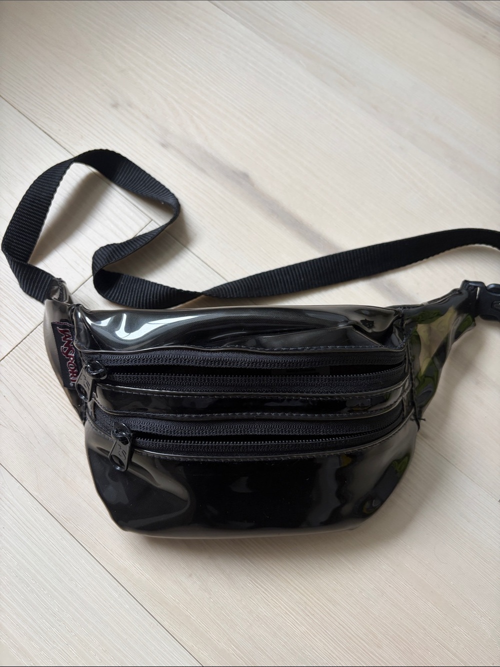Jansport Black Glossy PVC Belt Bag with Triple Zip Pockets